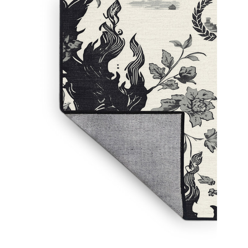 Machine Washable Hubbard Olympic Torch Flame Classic Toile Rug in Beige – Black Binding, 4x6