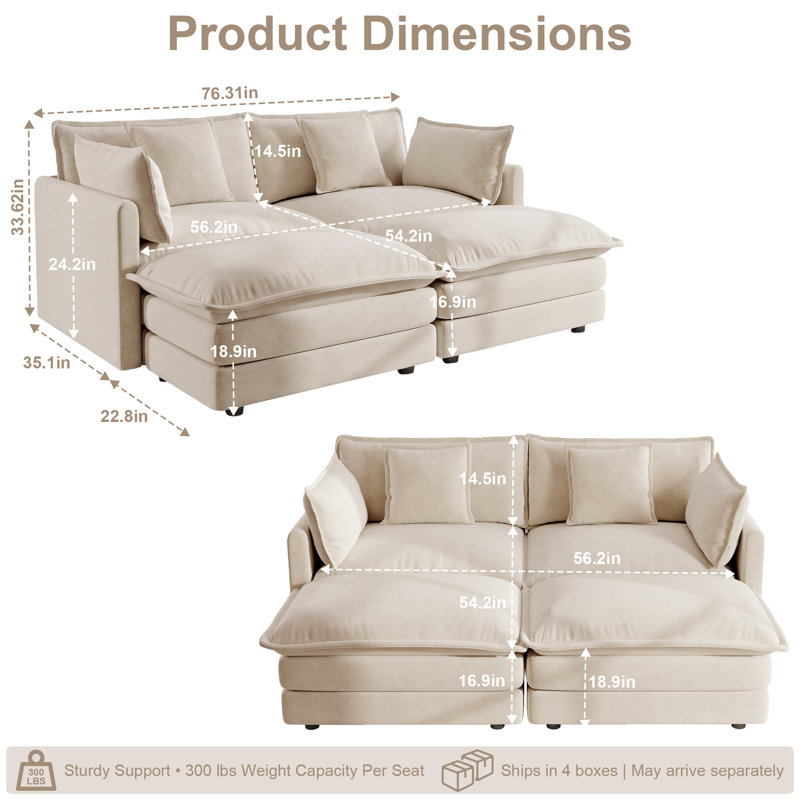 Ensemble de canapé modulaire en chenille 4 pièces avec causeuse 2 places et 2 repose-pieds, Beige