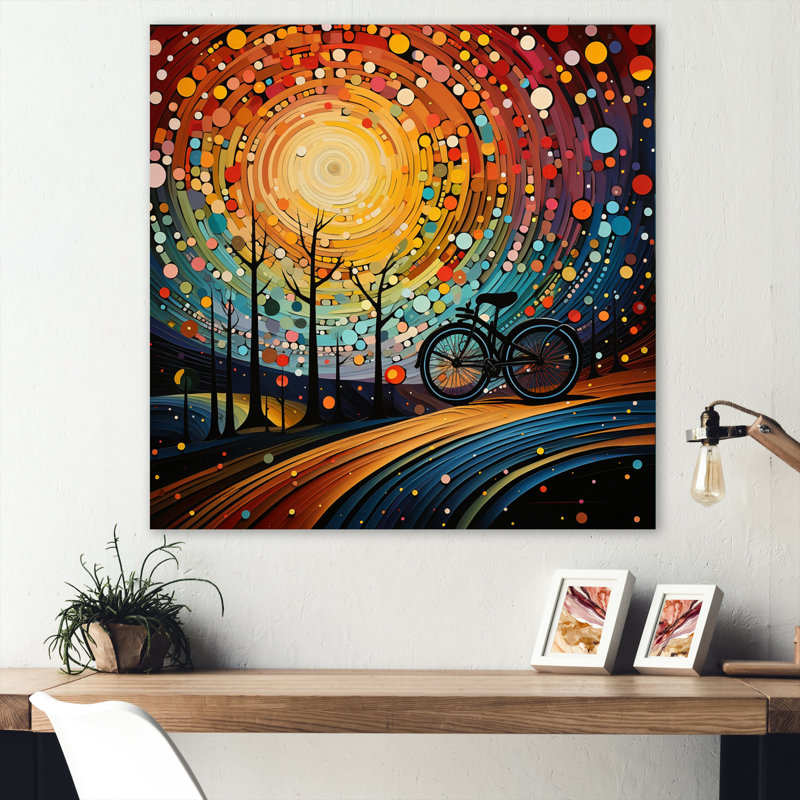 Vélo avec roues abstraites pointillisme - impression de bicyclette sur métal, H 23 po x l 23 po x P 1 po