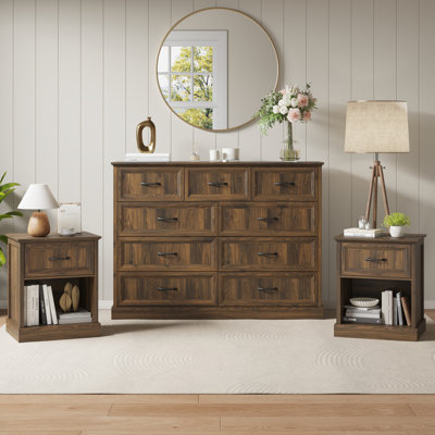 Ensemble de chambre à coucher 3 pièces - Commode 9 tiroirs et 2 tables de chevet avec tiroir
