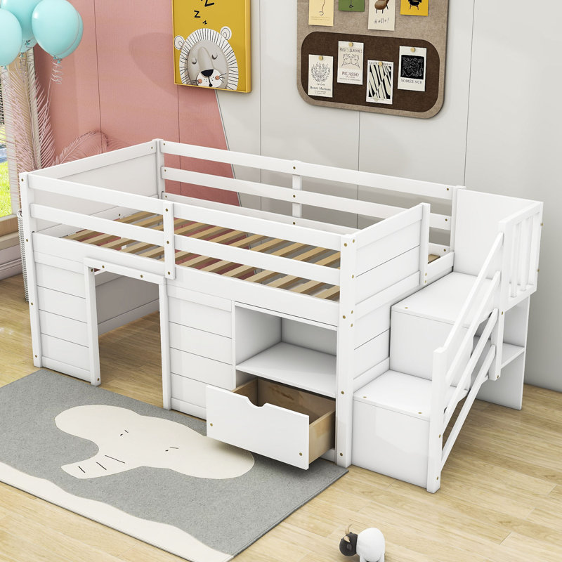 Lit mezzanine en bois 1 tiroir avec tablettes Jadaly Kids, Blanc