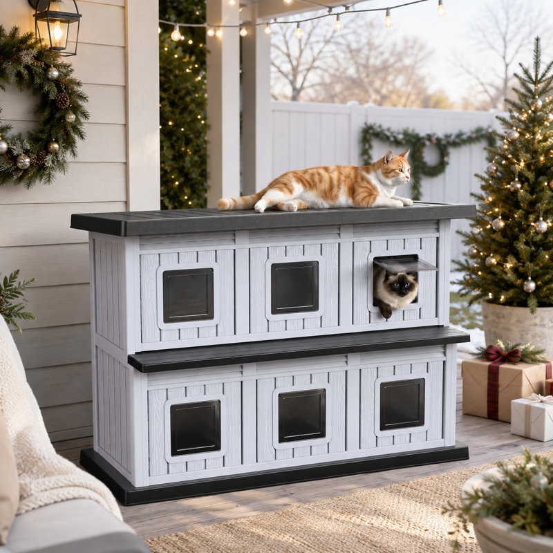 Maison pour chat à deux étages en résine, abri extérieur pour chat avec plateforme, Noir/gris