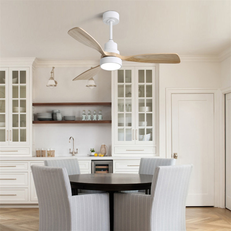 Ventilateur de plafond 48 pouces avec 3 pales en bois massif et télécommande pour salon, Blanc, Bois naturel