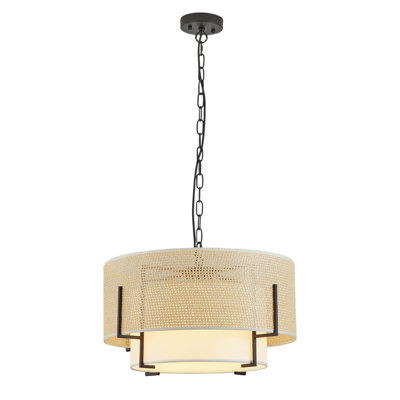 Lustre de style bohème 19,7 po en rotin tissé à la main à 4 lumières avec abat-jour en tissu rustique pour la salle à manger, la cuisine, la chambre, le vestibule, le vestibule et le vestibule (doré)