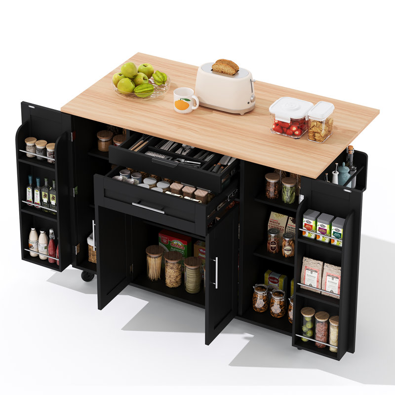 136 cm W Kitchen Island with, MDF, Black/Natural/Silver