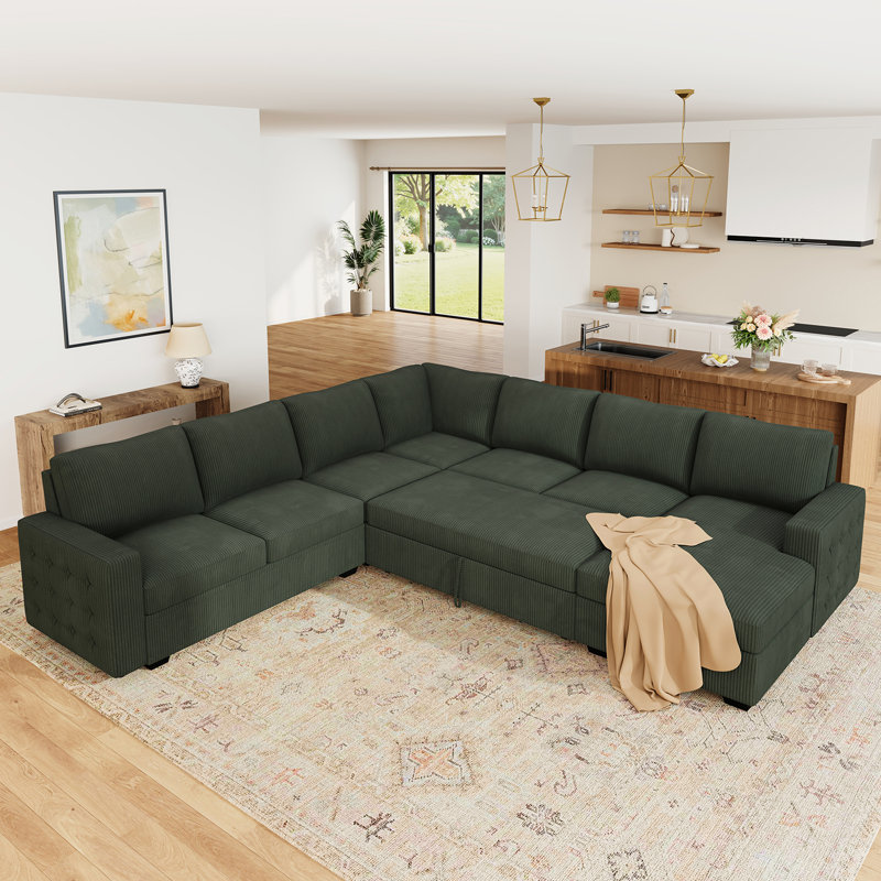 Brunella U-shaped Oversized Sleeper Sofa Storage Corduroy Sectional, Green Corduroy
