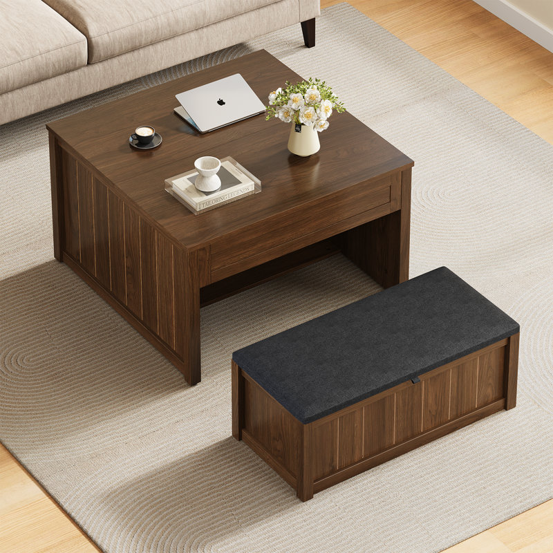 Table basse carrée relevable de 80 cm avec banc, ensemble table basse de style ferme pour salon, Noyer