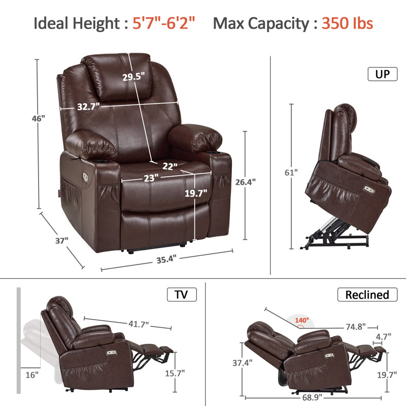 Power Recliner Lift Chair with Massage and Heat for Big and Tall People, 3 Positions, Faux Leather, Dark Brown Faux Leather