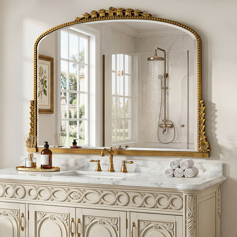 Retro Engraved Bathroom Mirror, Arched Wall Mirror, Gold, 32"×40"