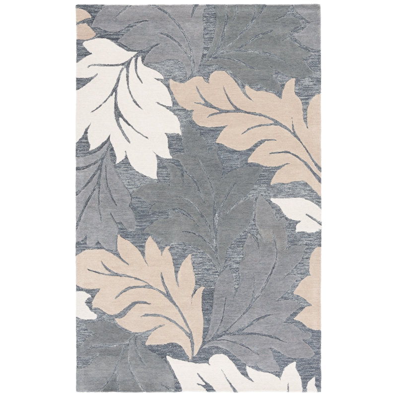 Bourassa 402 Hand Tufted Wool/Cotton Floral Rug in Gray/Beige, Square 6'