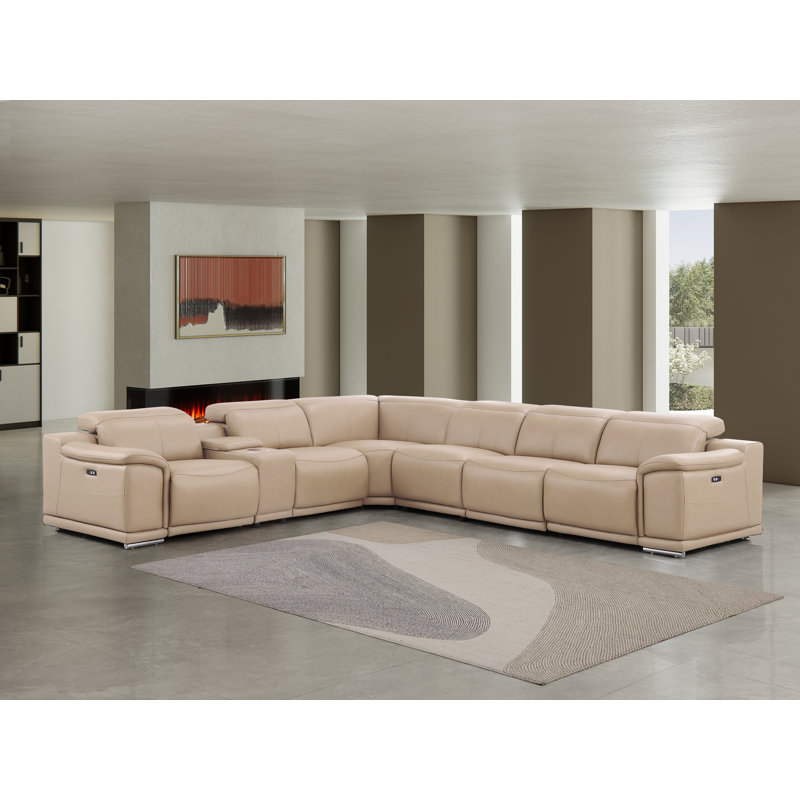 7-Piece L-Shaped Power Reclining Sectional In Genuine Leather – 4 Recliners, Beige Top Grain Leather
