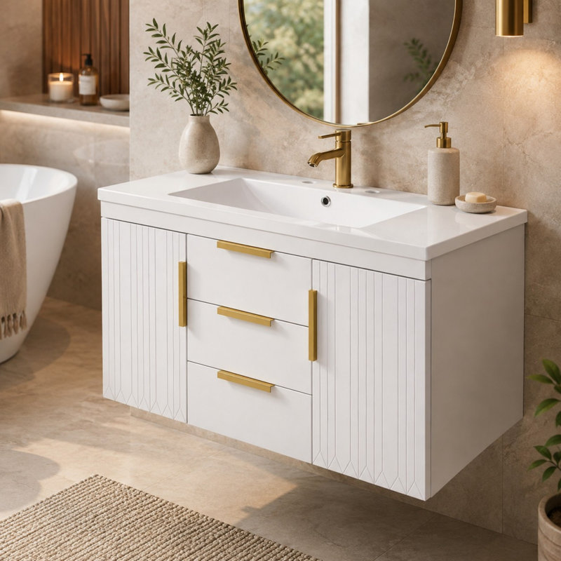 Meuble-lavabo moderne de 36 pouces: armoire de rangement murale en bois massif à 2 tiroirs, Blanc