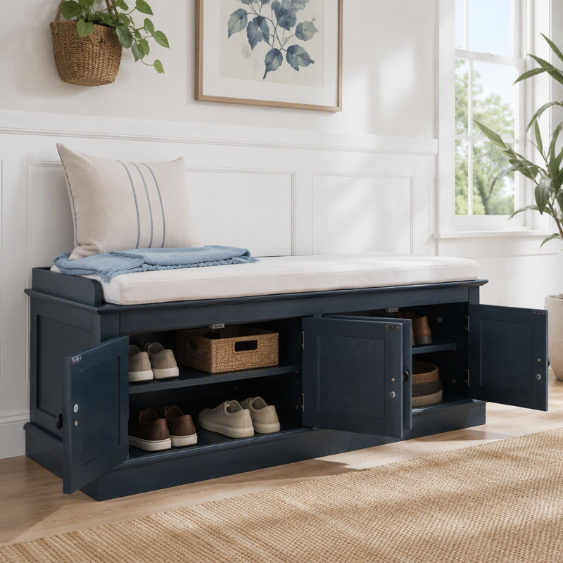 Banc de rangement avec 4 portes et tablettes réglables, Bleu marine antique