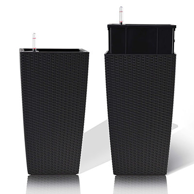 22-Inch High Faux Rattan Design Flower Pot with Automatic Watering System for Porch, Patio, Backyard, Makes Keeping Flowers Easier (Pack of 2, Black), Square Planter for Indoor or Outdoor Use