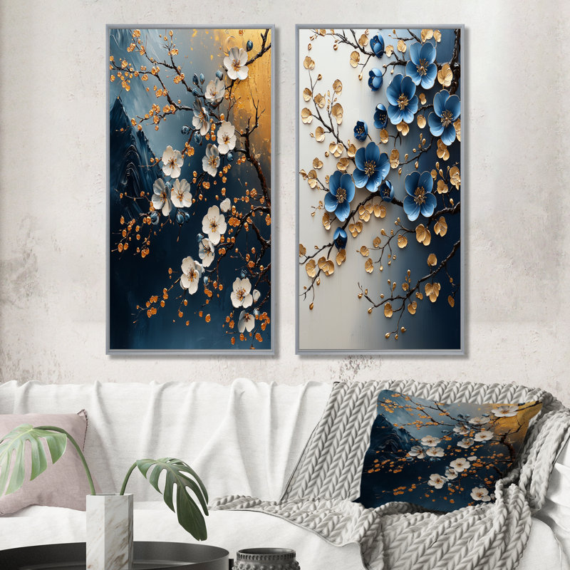 Or et bleu cerisier en fleurs, paysage I - ensemble d'art mural 2 fleurs de cerisier, H 40 po x l 40 po, Encadrement argenté
