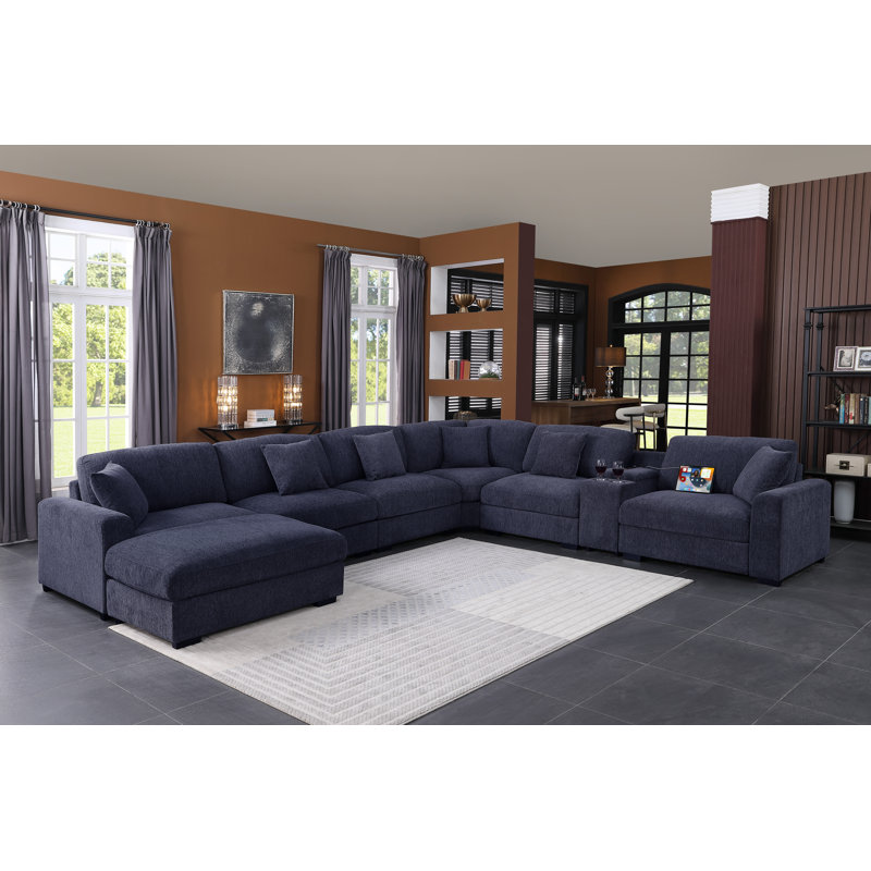 Canapé modulaire d'angle rembourré moderne avec consoles, H 36 po x l 162 po x P 137 po, Chenille bleu foncé
