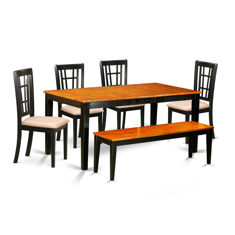 L'ensemble de table de cuisine 6 pièces contient une table de salle à manger rectangulaire avec feuille papillon et 4 chaises de salle à manger en tissu de lin avec banc, noir et cerise