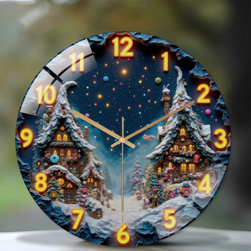 Numbers-1-12-Winter-Village-Clock Art - 12'' Modern Glass Wall Clock
