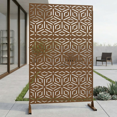 Decorative metal privacy screen, 76" H x 48" W, self-standing design for interior/exterior use, perfect for privacy on decks/balconies/patios, functions as decorative fencing for lawns/gardens.