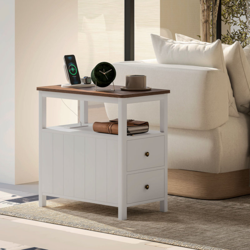 HOMCOM  End Table With Charging Station And USB Ports, Narrow Side Table With Drawers & Shelf  ,