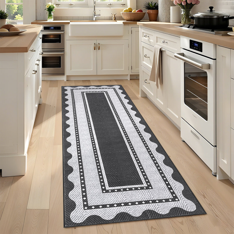 Modern Neutral Non Slip Washable Rugs, Contemporary Border Print Pattern Foldable Soft Carpet, Low Pile Floor Mat