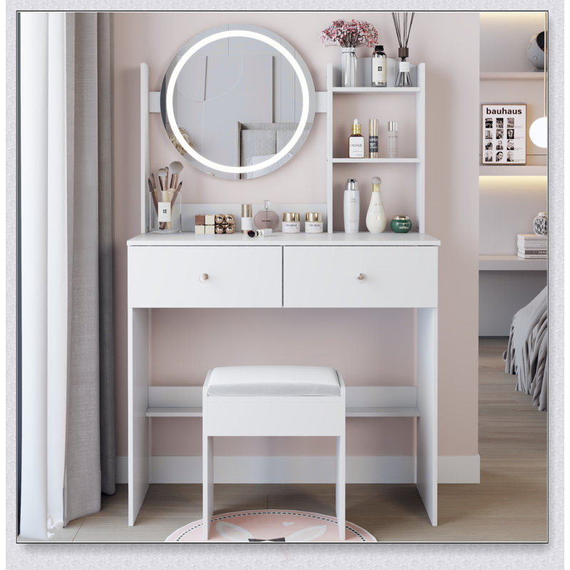 17 Inch Round LED Mirror Vanity Table Set With Soft Cushion Stool, Adjustable Brightness, Multi-Layer Storage, Ideal For Small Spaces