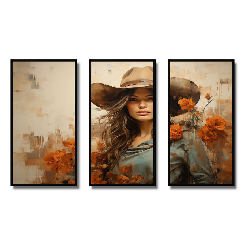 Westenra floral Wild West Cow Gril - art mural occidental, Cadre flottant noir, H 28 po x l 36 po