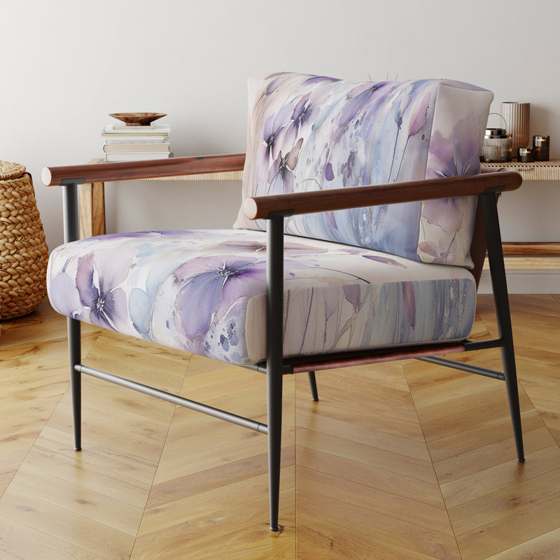 Fauteuil d'appoint décoratif en velours mauve à motif floral Blooms III mauve, Noir