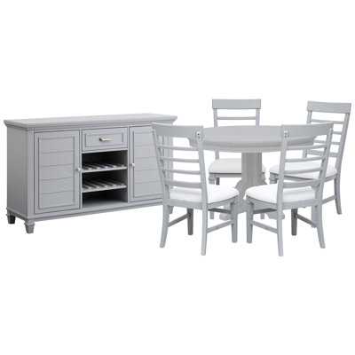 Grey Extendable 48" Round Dining Table With 4 Side Chairs And Server