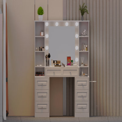 Vanity Desk With Mirror And Lights, Makeup Vanity Table With Lighted Mirror & Charging Station, Vanity Desk Dresser