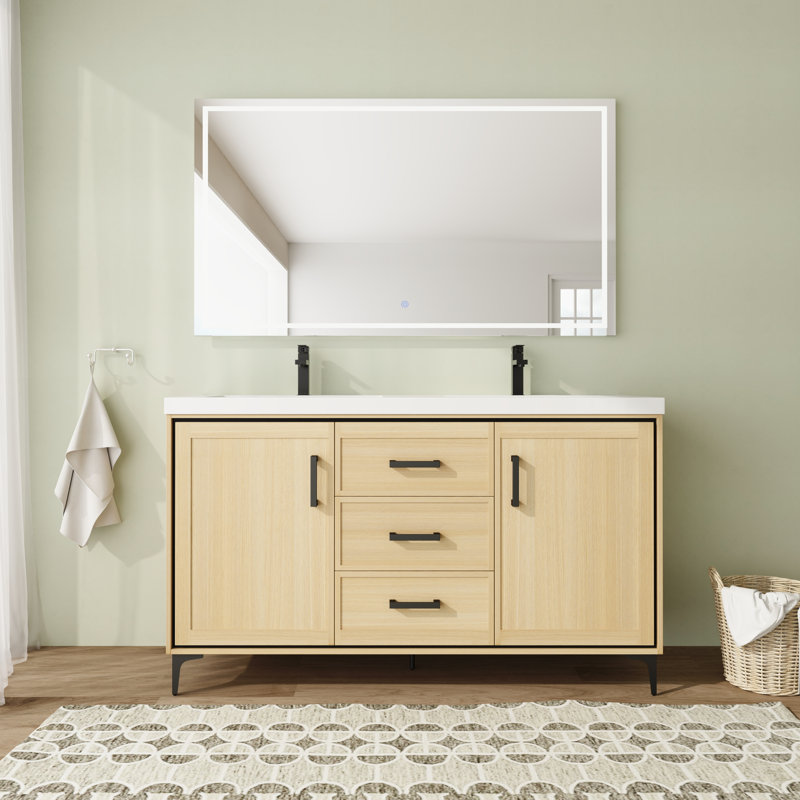 60 inch Free standing Double Bathroom Vanity With Resin Vanity Top