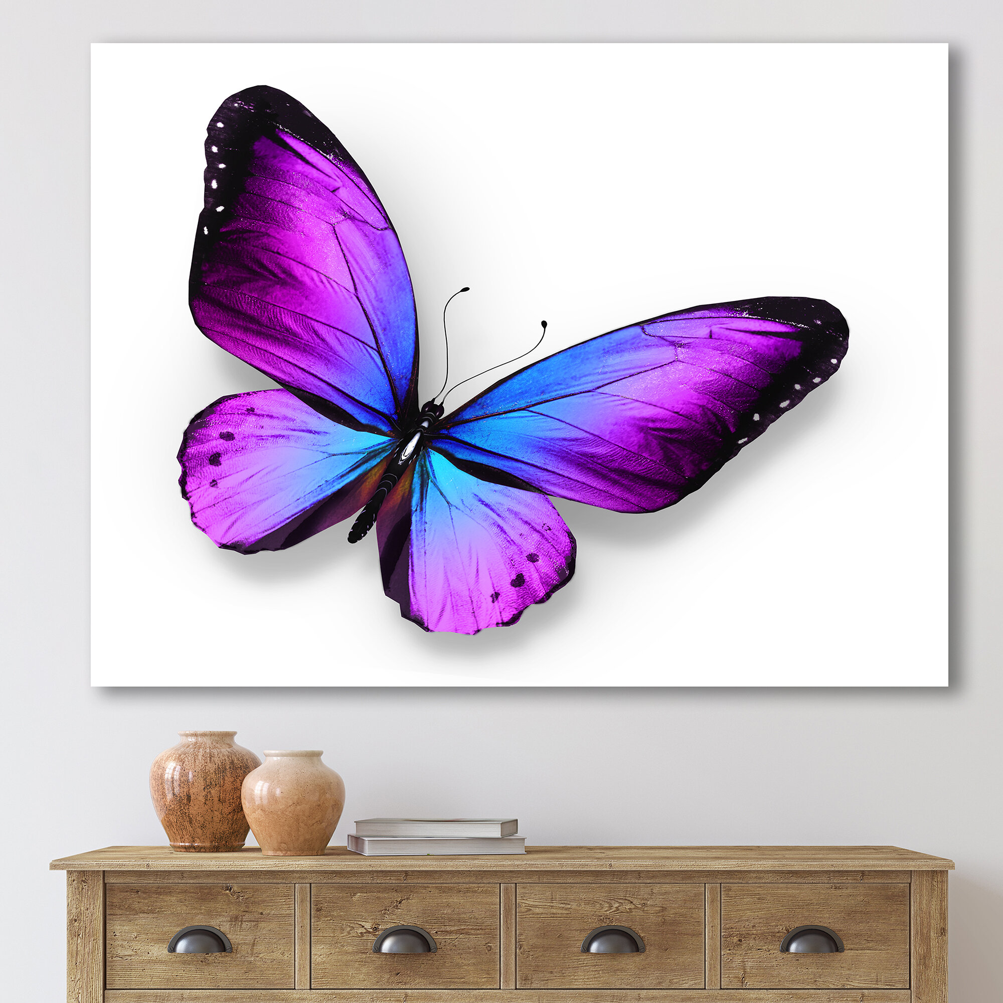 Violet and Blue Butterfly - Print on Canvas East Urban Home Format: White Framed Canvas, Size: 16 H x 32 W x 1.5 D