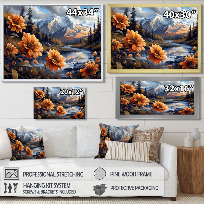 Alaska Denali National Park Flower Mountain River - Alaska, décoration murale, Toile avec cadre flottant noir