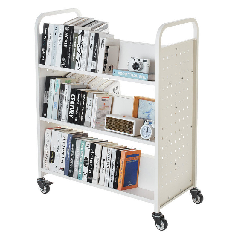 3-Tier Rolling Book Cart Double Sided W-Shaped Shelves Book Truck in White