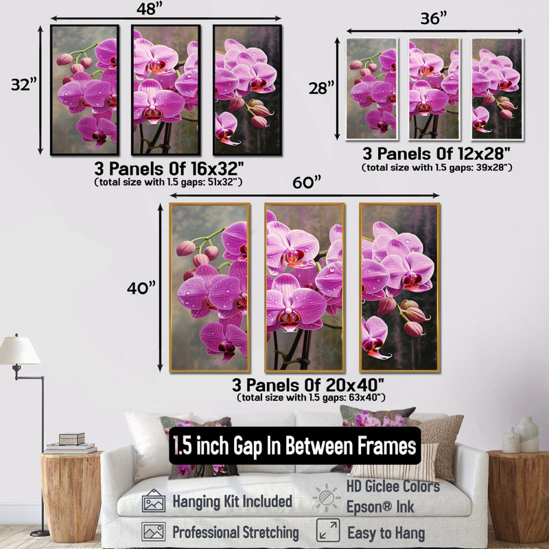«Pink Orchids Oasis I», ensemble de reproductions d'art mural orchidées, Cadre flottant doré, H 40 po x l 60 po x P 1 po