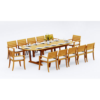 Ensemble de salle à manger 9 pièces en bois de teck de qualité A: table de chevet ovale à tréteaux à double rallonge de 118 po et 8 chaises empilables Alvarado # 11TV2708