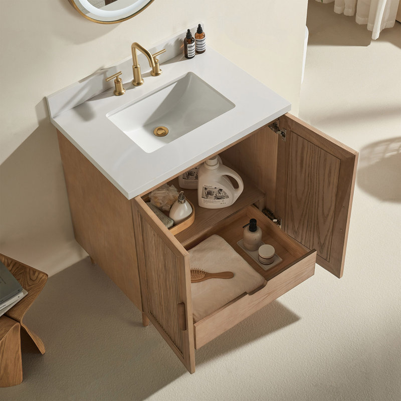 Meuble-lavabo autoportant de 30 po / 36 po avec comptoir en pierre blanche, lavabo en céramique et structure en bois massif, finition café clair