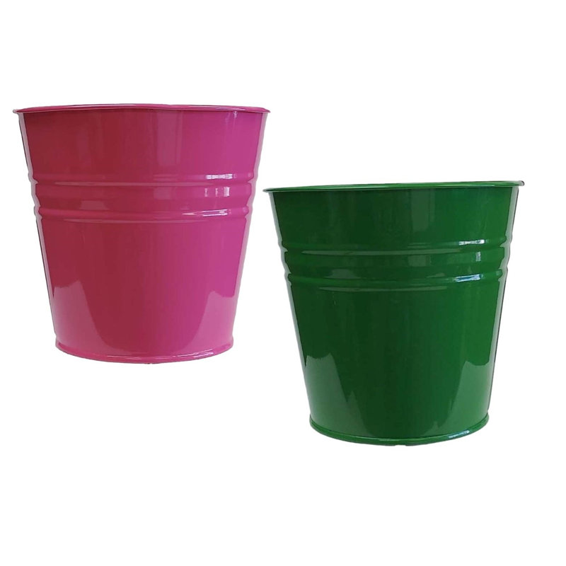 Enameled Galvanized Steel Planter For 6.5" Plants. Set Of Two, Pink/Green