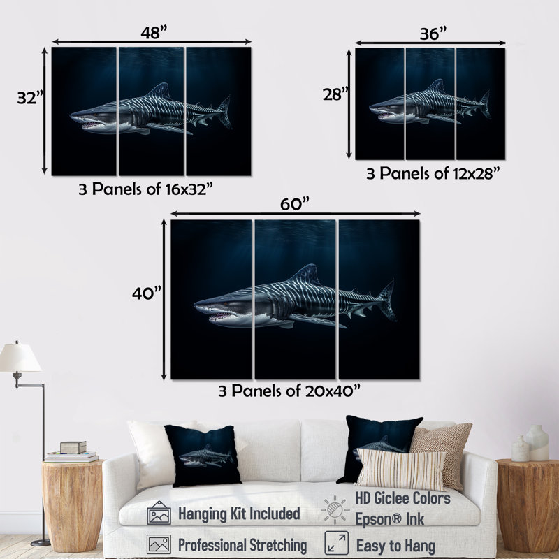 Tiger Shark «II», ensemble d'art mural sur toile, H 32 po x l 48 po