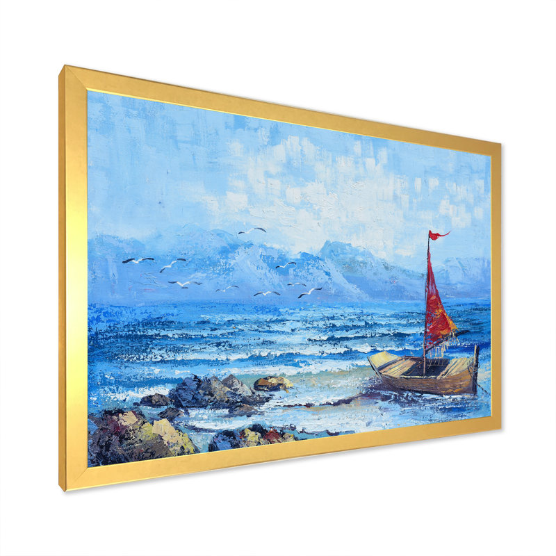 Voilier rouge sur un océan bleu - reproduction sur toile, H 16 po x l 32 po, Toile à cadre d'angle fermé doré