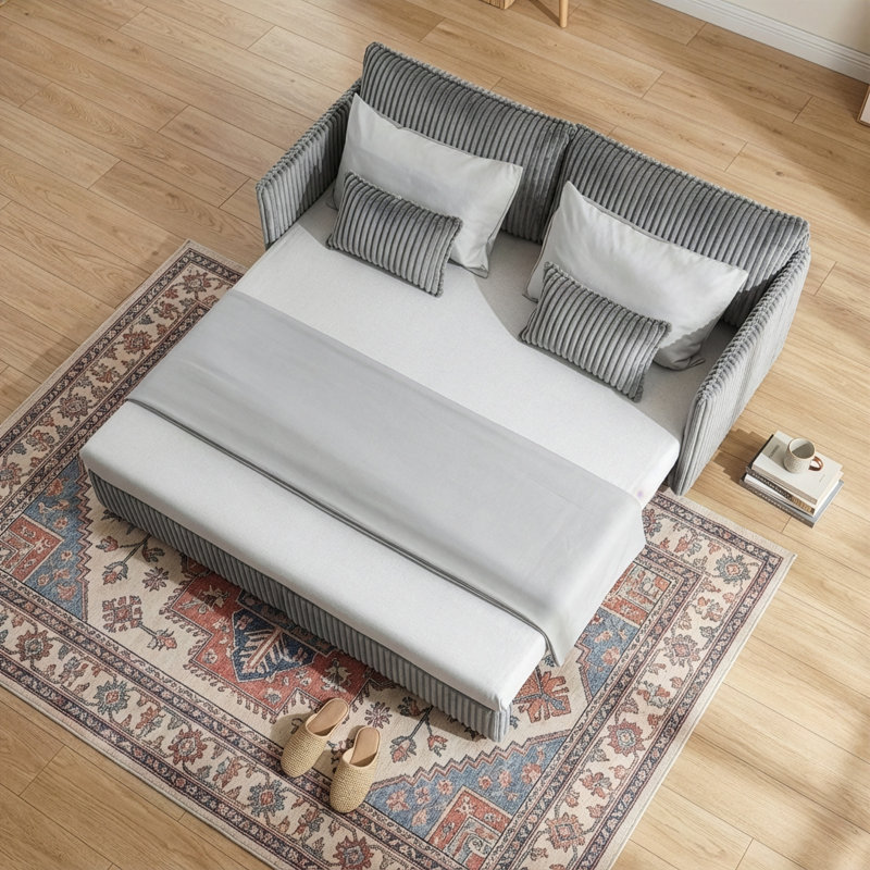 Corduroy Upholstered Convertible Sleeper Sofa Bed with Pull Out, USB Port, Gray