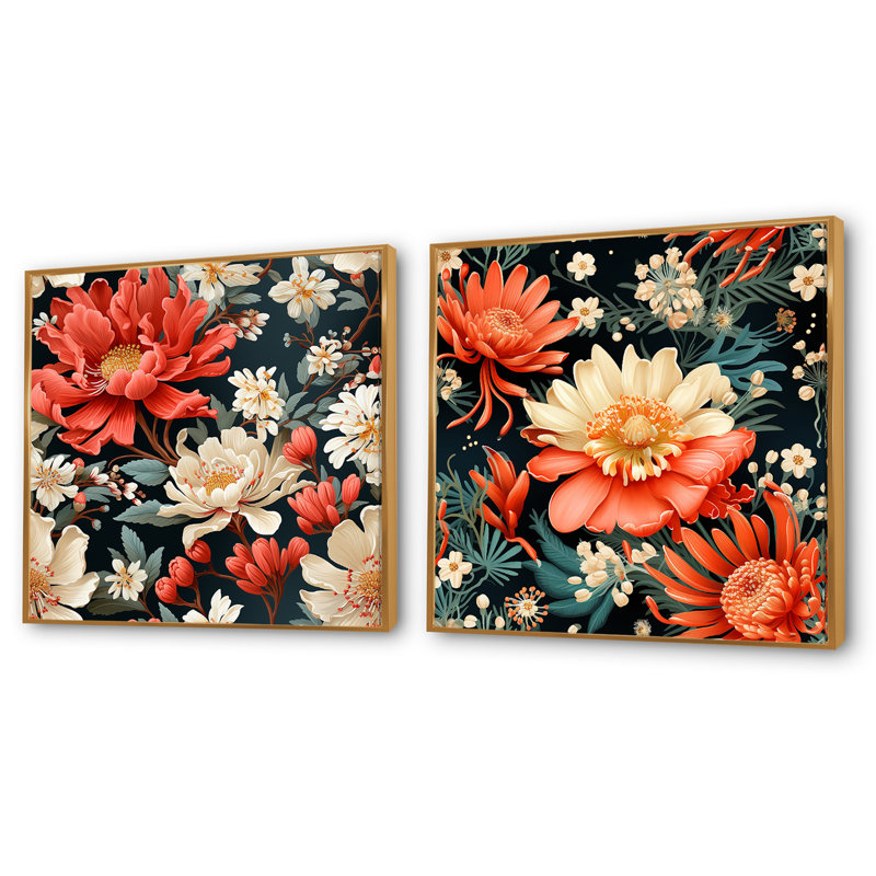 Ensemble de 2 fleurs de dahlia terreuses Hodgdon, H 16 po x l 33 po, Cadre flottant doré