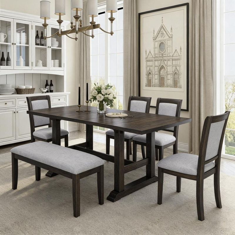 6-Piece Extendable Trestle Dining Table Set With Removable Leaf, Kitchen Table Set With Upholstered Side Chair And  Bench