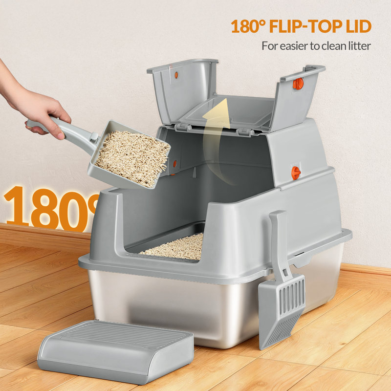 Stainless Steel Cat Litter Tray with Lid, Enclosed Cat Litter Box, 180° Hinged Lid, Includes Pedal and Scoop, Easy to Clean, Modular Design, 61 L x 41 W x 40 H cm 