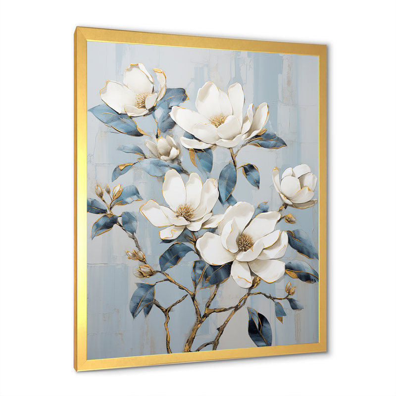 Minimalisme blanc et bleu Magnolias Florescence I - Magnolias, impressions encadrées, Cadre doré simple
