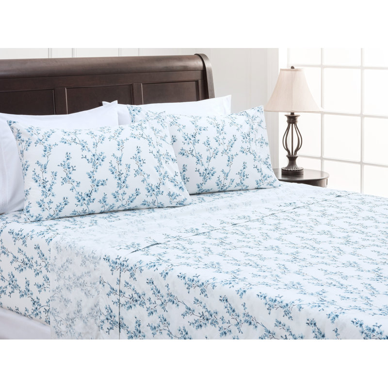 Floral Microfiber Percale Sheet Set, King Sheet Set with 2 Pillowcases