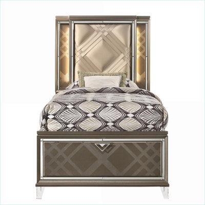 Lit plateforme simple en bois d'hévéa avec sommier sans sommier beige & amp; Champagne foncé pour petite chambre d'amis