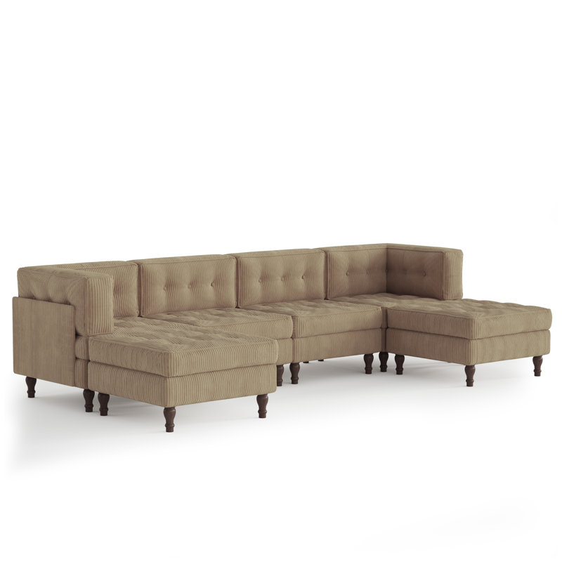 6 - Piece Upholstered Camel Tufted Corduroy Modular Sectional with Pillow Back and Two Removable Flip-Tray Top Storage Ottoman