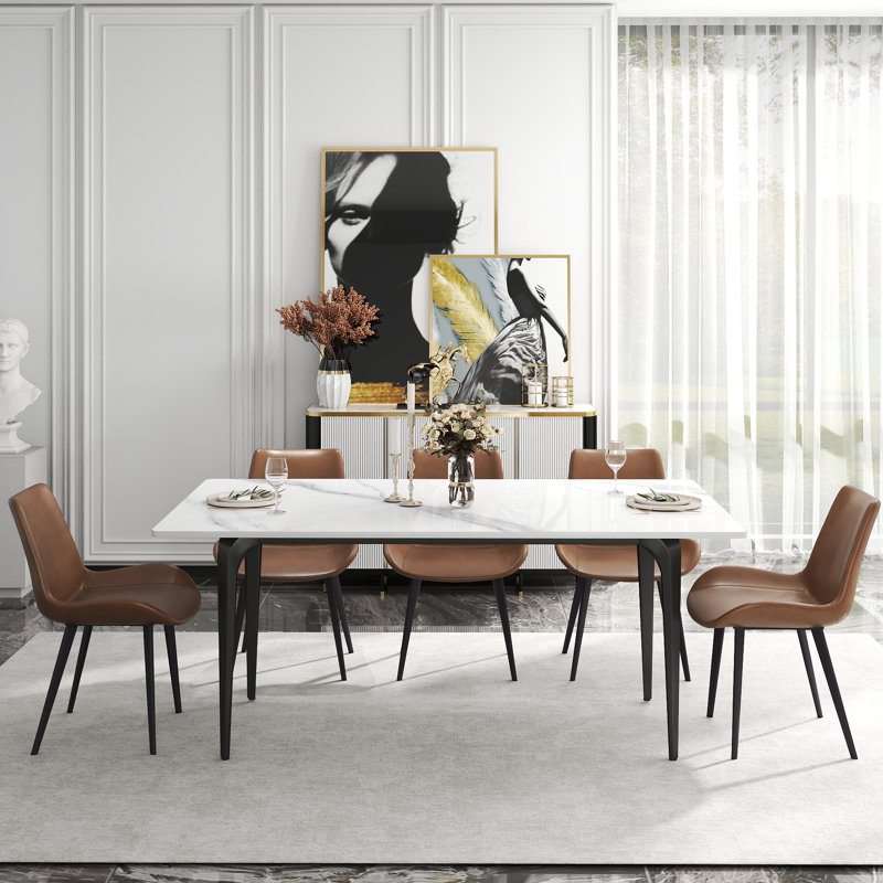 8 Seat Modern Stone Dining Table Set With Faux Leather Side Chairs, 9-piece Dining Set, Brown