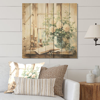 Charme de fenêtre floral blanc et vert antique - fenêtres de ferme sur imprimé bois
